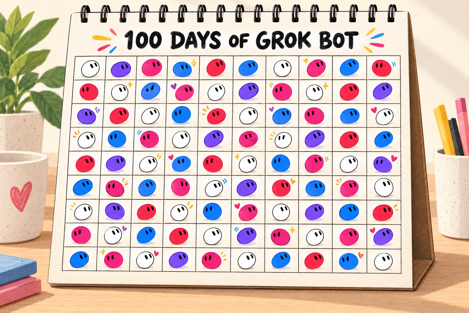 A desk calendar filled with colorful Grok Bots.