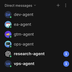 Buzz direct-message list showing the six agents
