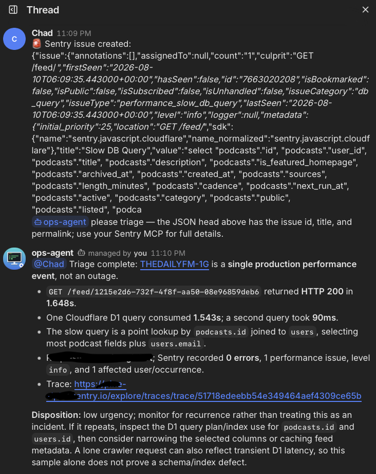 Buzz thread showing a Sentry alert and ops-agent triage
