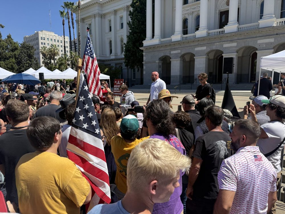 The crowd holding an American flag while speakers address the rally from the Capitol steps