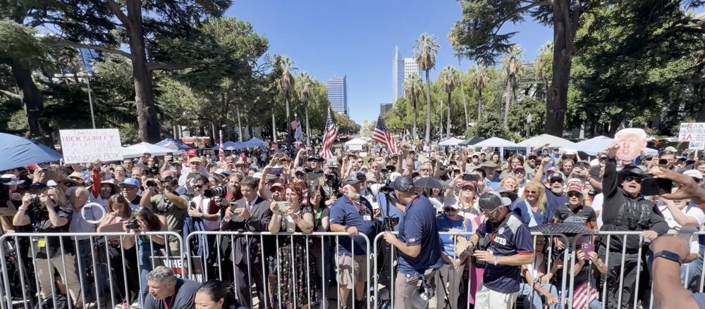 The rally crowd in front of the Capitol with American flags and signs